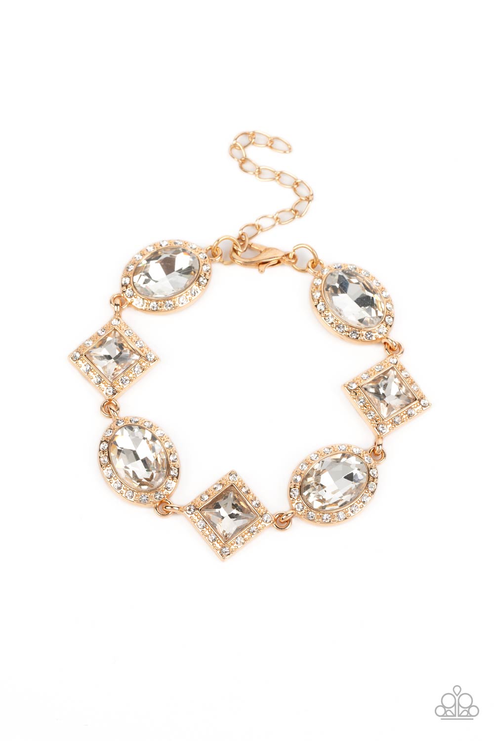 PERFECT MATCH / SET: Diamond of the Season - Gold Square and Oval White Gem Short Necklace AND Decade of Dazzle - Gold Square and Oval Gem Clasp Bracelet