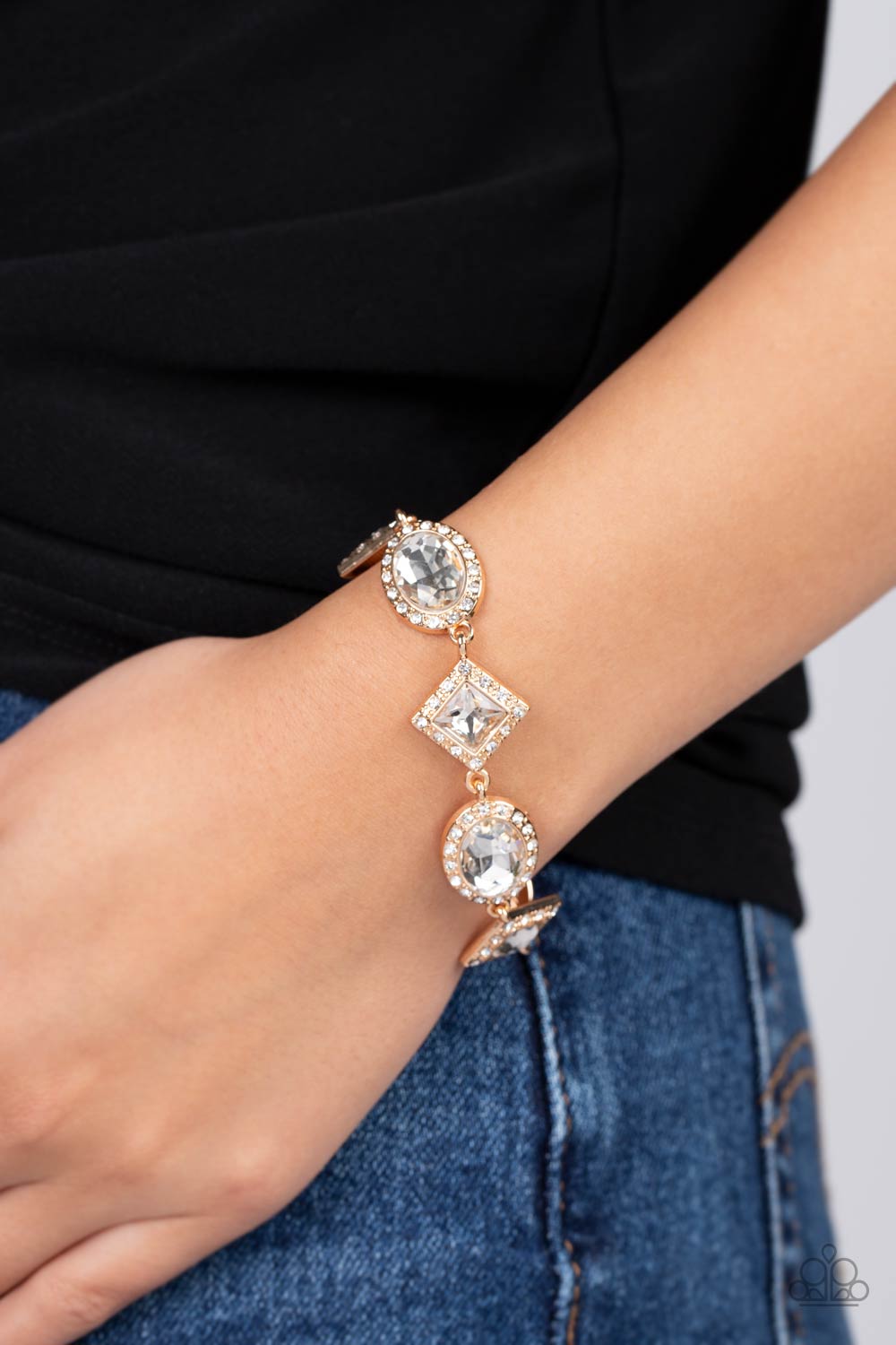 PERFECT MATCH / SET: Diamond of the Season - Gold Square and Oval White Gem Short Necklace AND Decade of Dazzle - Gold Square and Oval Gem Clasp Bracelet