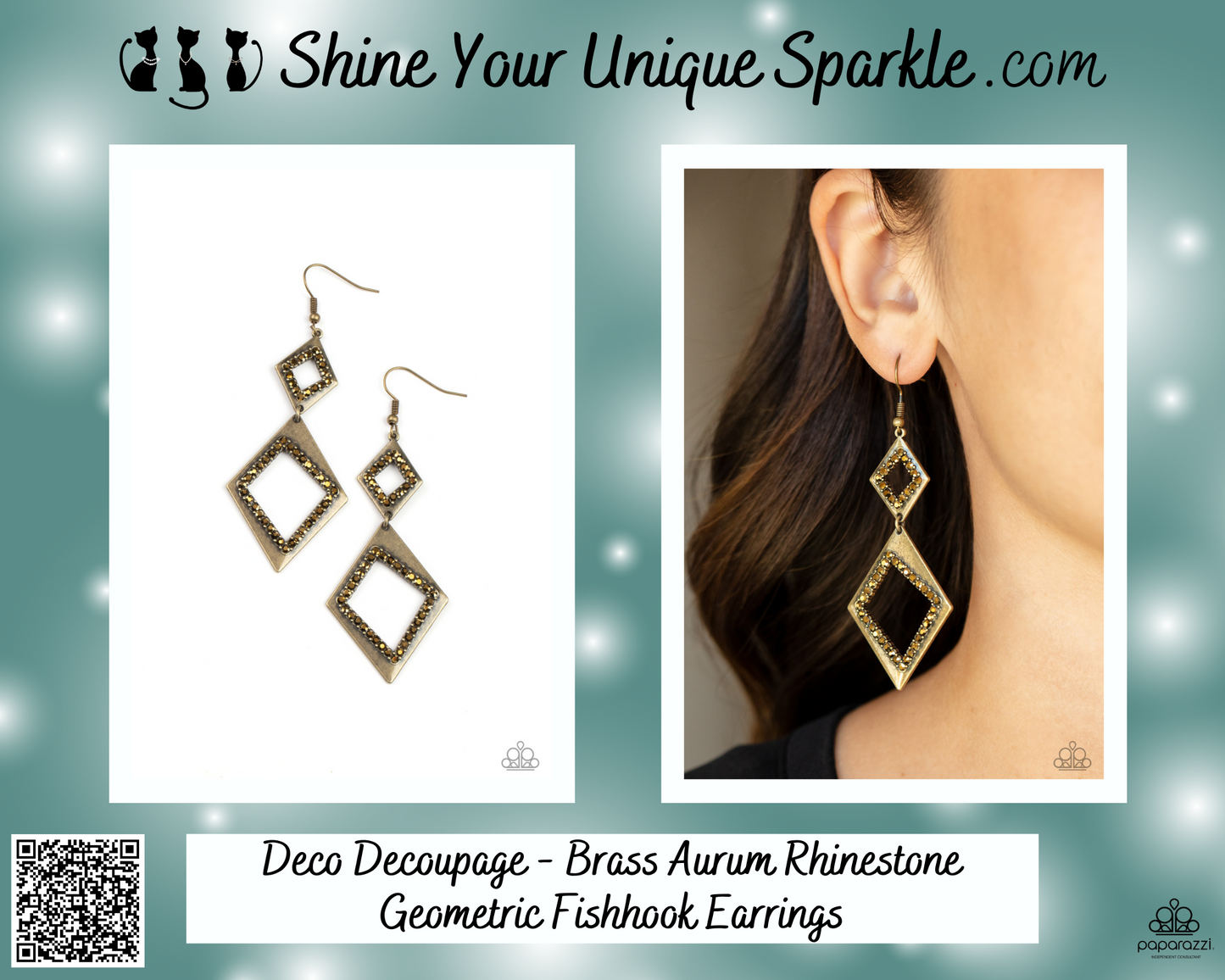 Deco Decoupage - Brass Aurum Rhinestone Geometric Fishhook Earrings