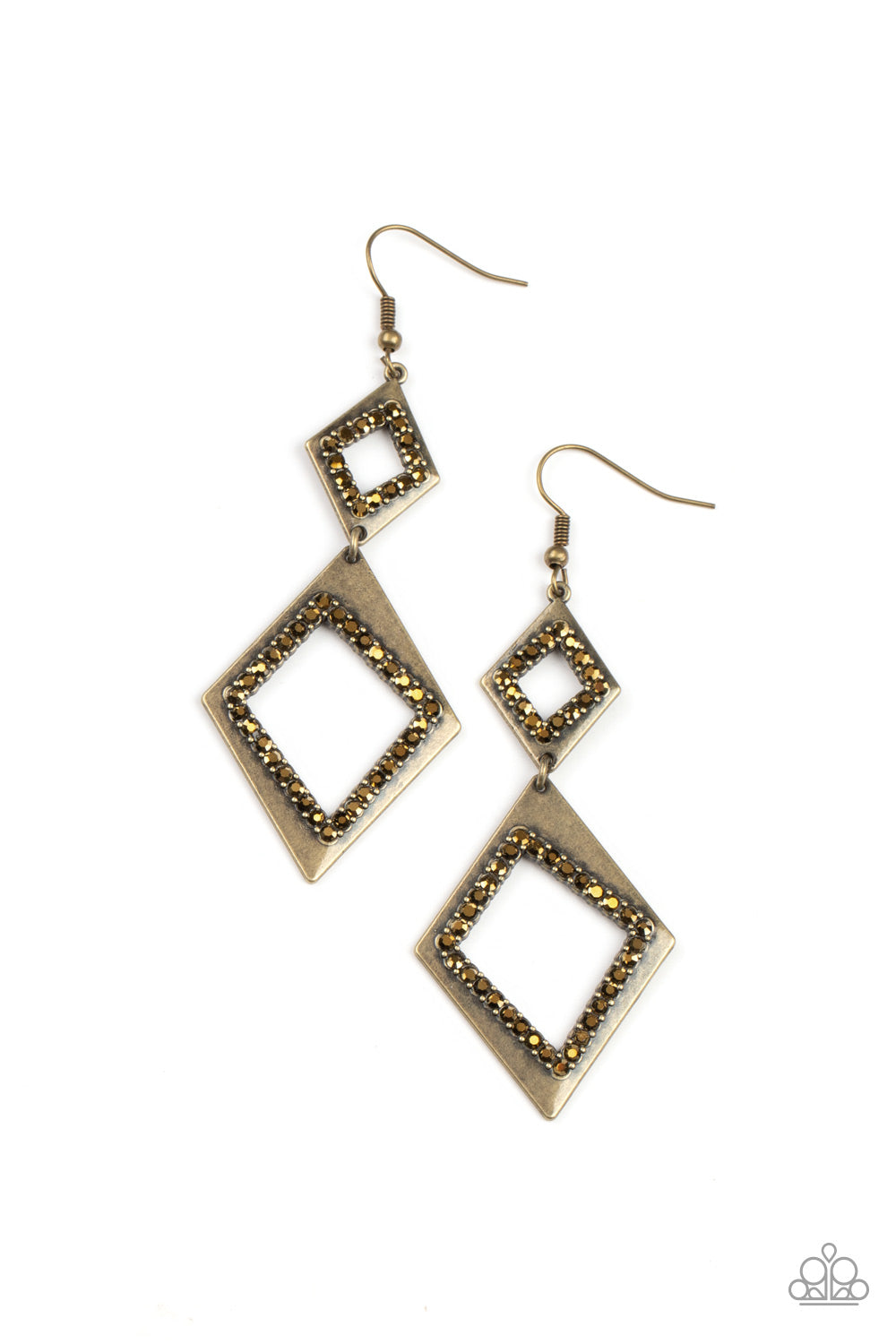 Deco Decoupage - Brass Aurum Rhinestone Geometric Fishhook Earrings