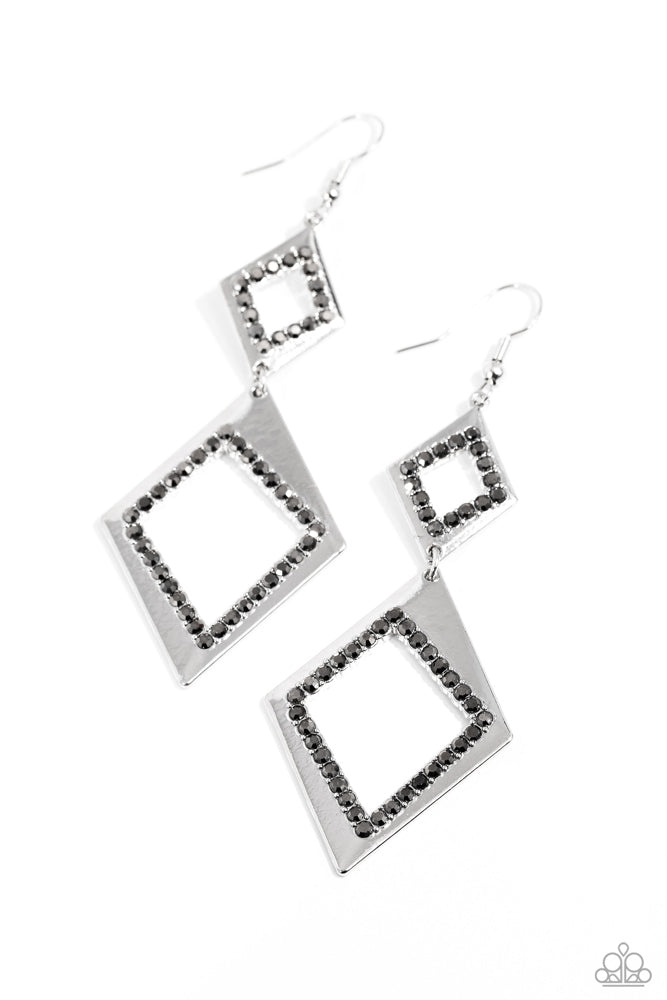 Deco Decoupage - Silver Hematite Rhinestone Geometric Fishhook Earrings