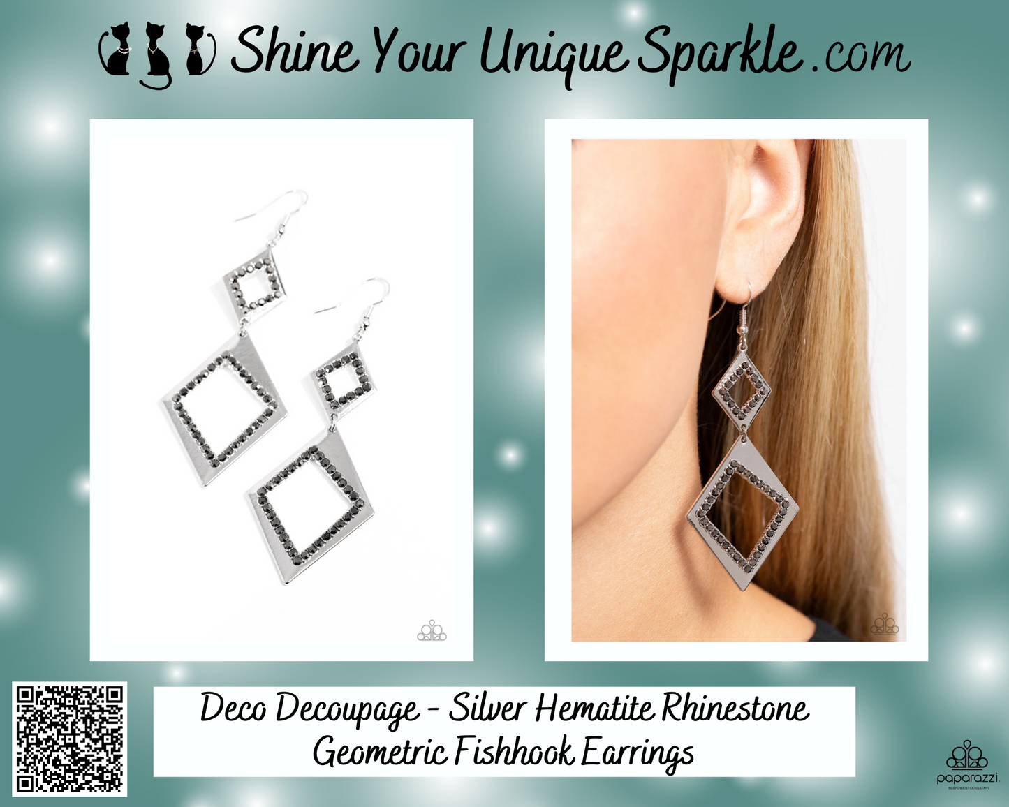 Deco Decoupage - Silver Hematite Rhinestone Geometric Fishhook Earrings