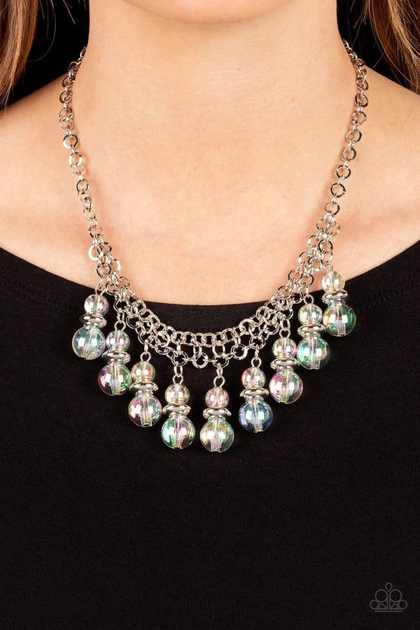 Deep Space Diva - Multi Iridescent Bead Silver Short Necklace