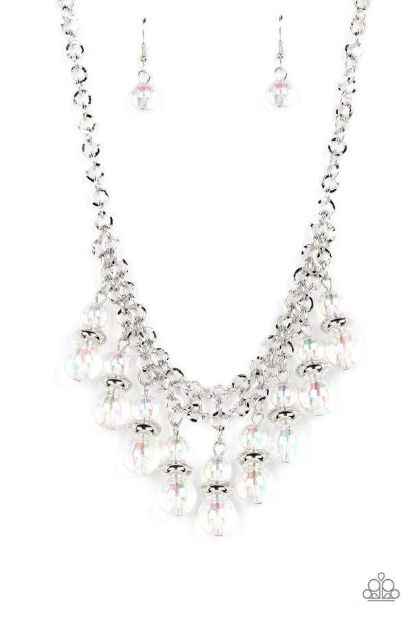Deep Space Diva - Multi Iridescent Bead Silver Short Necklace