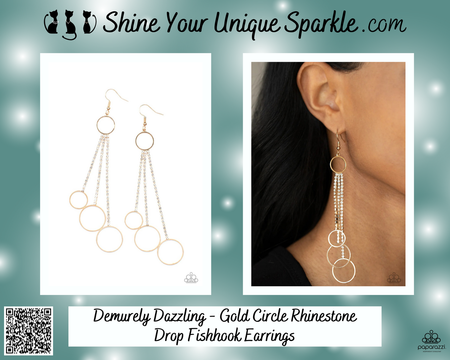 Demurely Dazzling - Gold Circle Rhinestone Drop Fishhook Earrings
