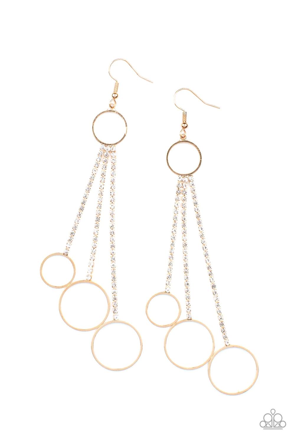 Demurely Dazzling - Gold Circle Rhinestone Drop Fishhook Earrings