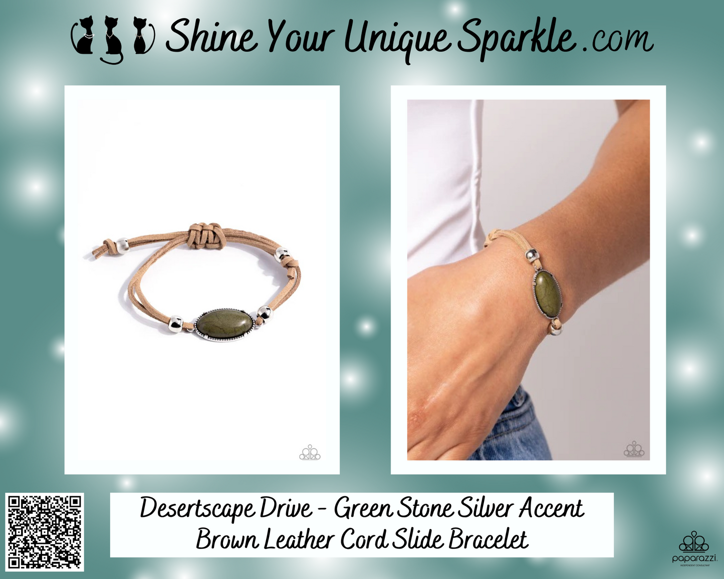 Desertscape Drive - Green Stone Silver Accent Brown Leather Cord Slide Bracelet