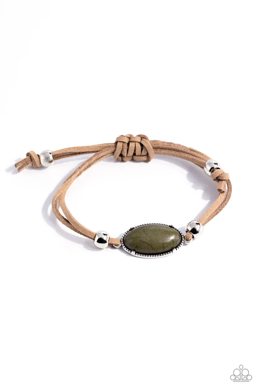 Desertscape Drive - Green Stone Silver Accent Brown Leather Cord Slide Bracelet