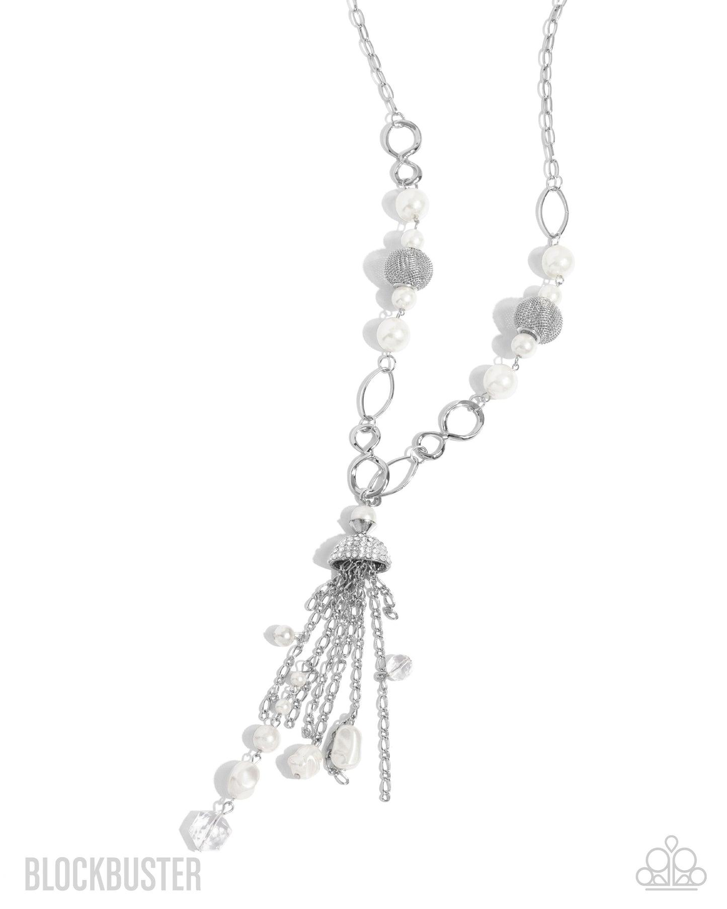 PERFECT MATCH / SET: Designated Diva - White Rhinestone, Pearl, Tassel, and Crystal Y Long Necklace - Blockbuster AND Designated Diva - Gold, Tassel, and Crystal, White Pearl Y Long Necklace - Blockbuster Exclusive