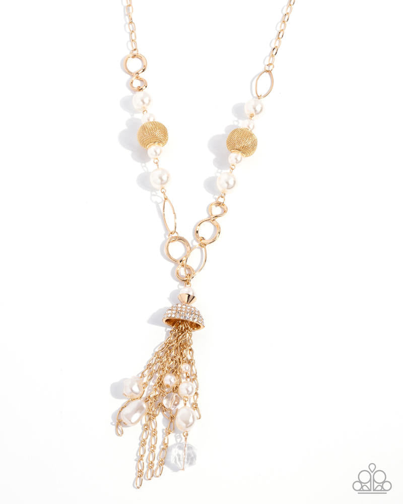 PERFECT MATCH / SET: Designated Diva - White Rhinestone, Pearl, Tassel, and Crystal Y Long Necklace - Blockbuster AND Designated Diva - Gold, Tassel, and Crystal, White Pearl Y Long Necklace - Blockbuster Exclusive