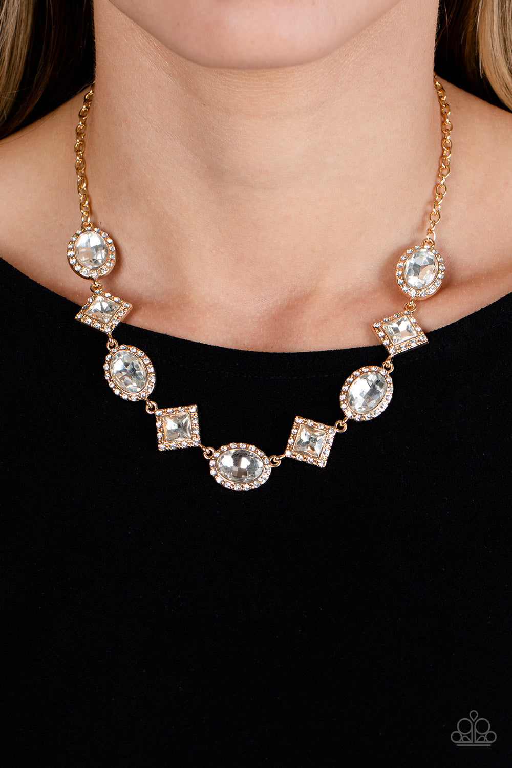 PERFECT MATCH / SET: Diamond of the Season - Gold Square and Oval White Gem Short Necklace AND Decade of Dazzle - Gold Square and Oval Gem Clasp Bracelet