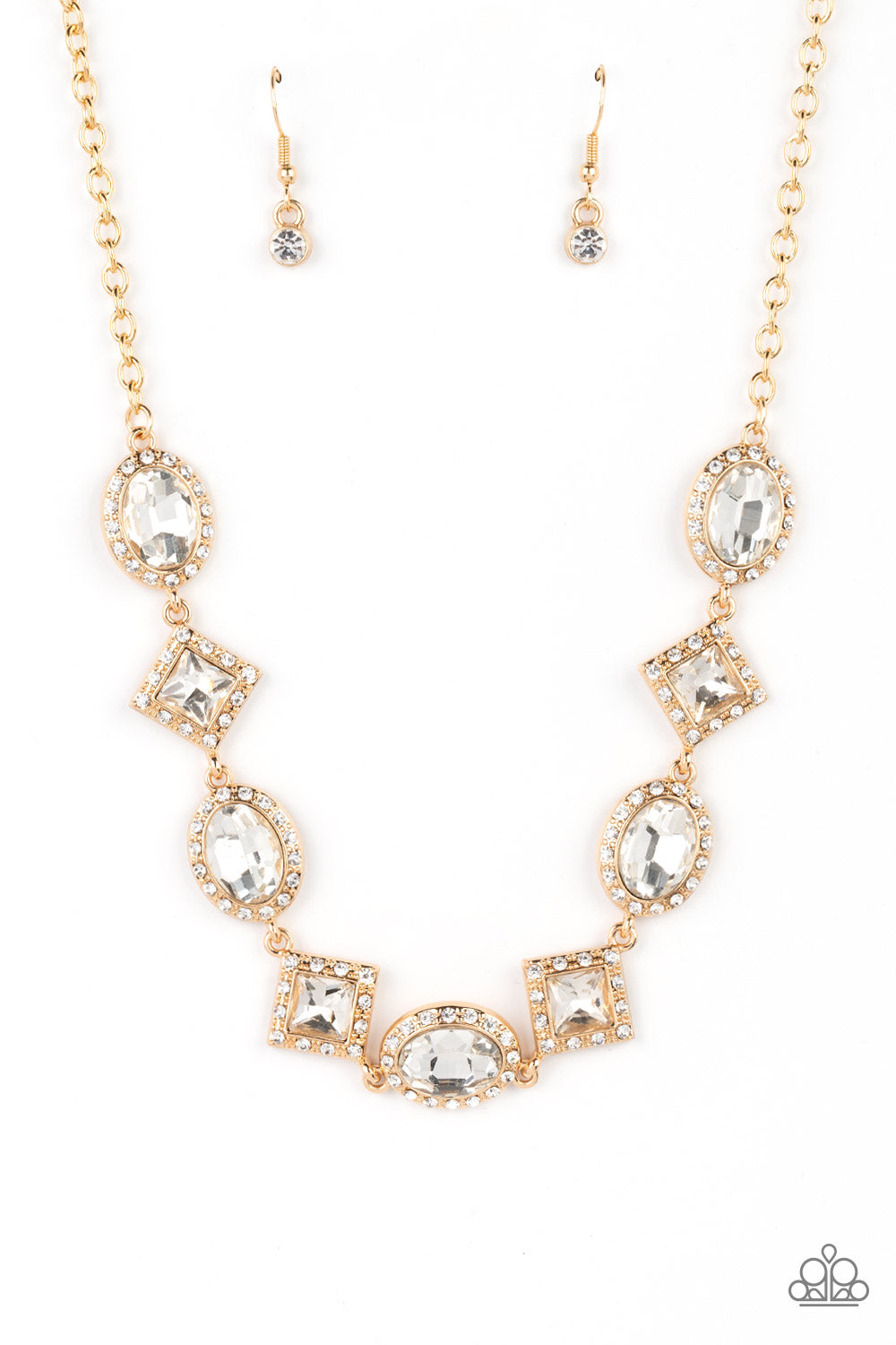 PERFECT MATCH / SET: Diamond of the Season - Gold Square and Oval White Gem Short Necklace AND Decade of Dazzle - Gold Square and Oval Gem Clasp Bracelet