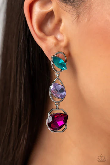 Dimensional Dance - Multi Pink Purple Blue Gem Silver Post Earrings - Life of the Party