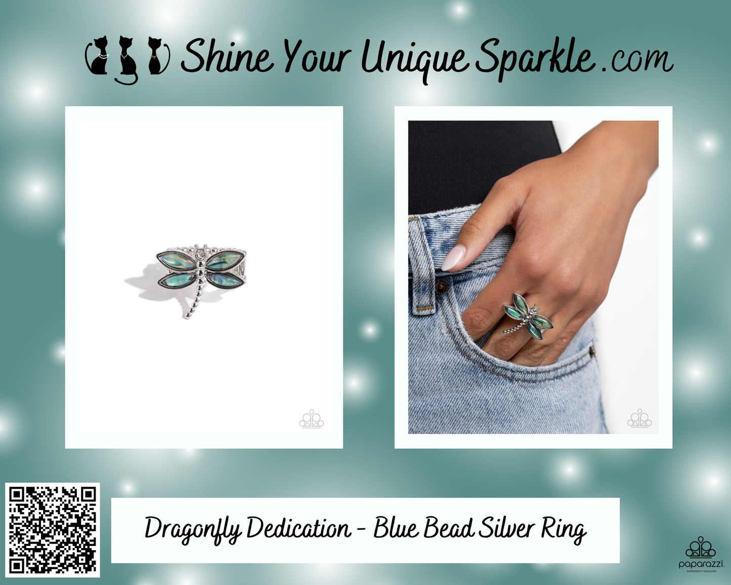 Dragonfly Dedication - Blue Bead Silver Ring