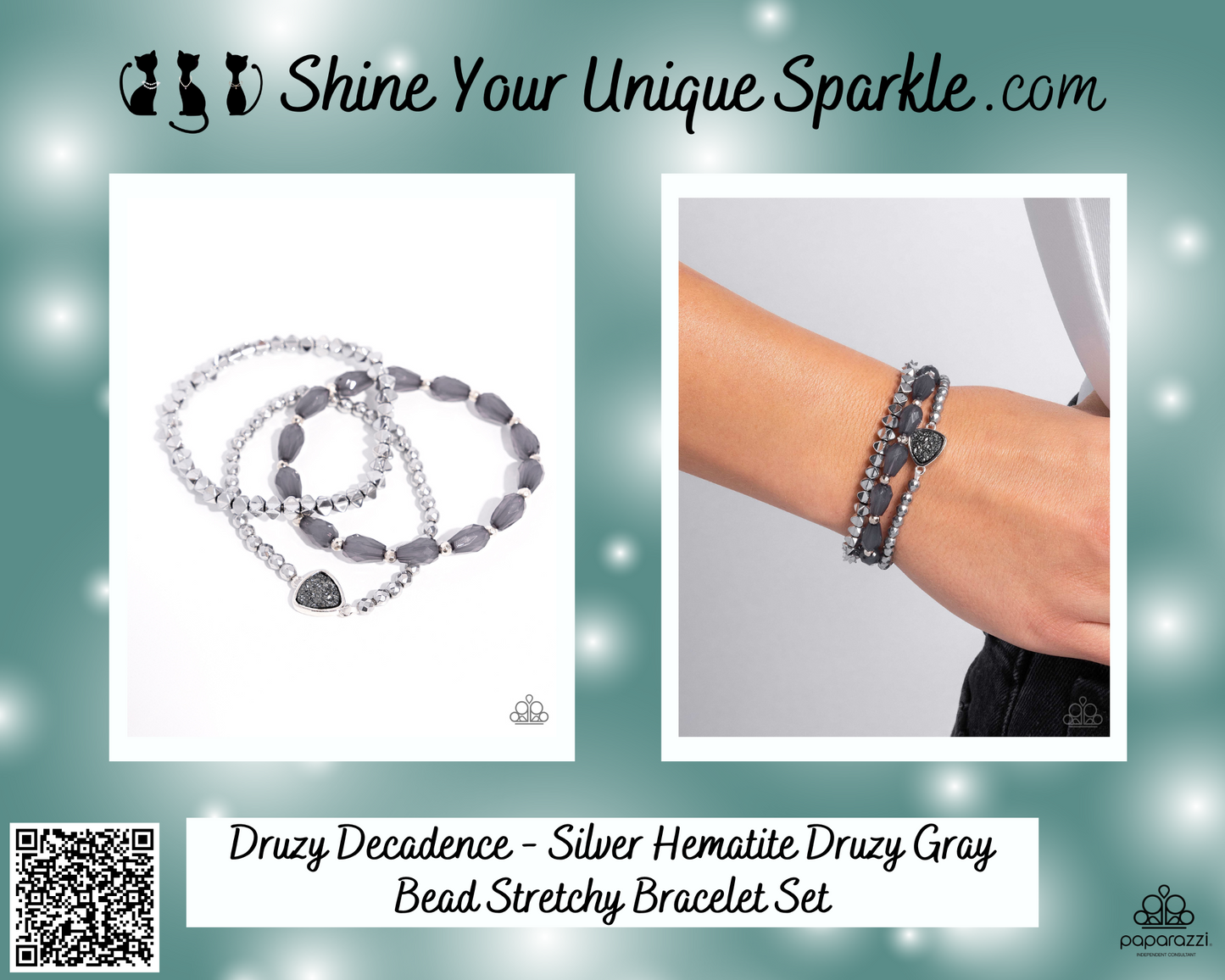 Druzy Decadence - Silver Hematite Druzy Gray Bead Stretchy Bracelet Set