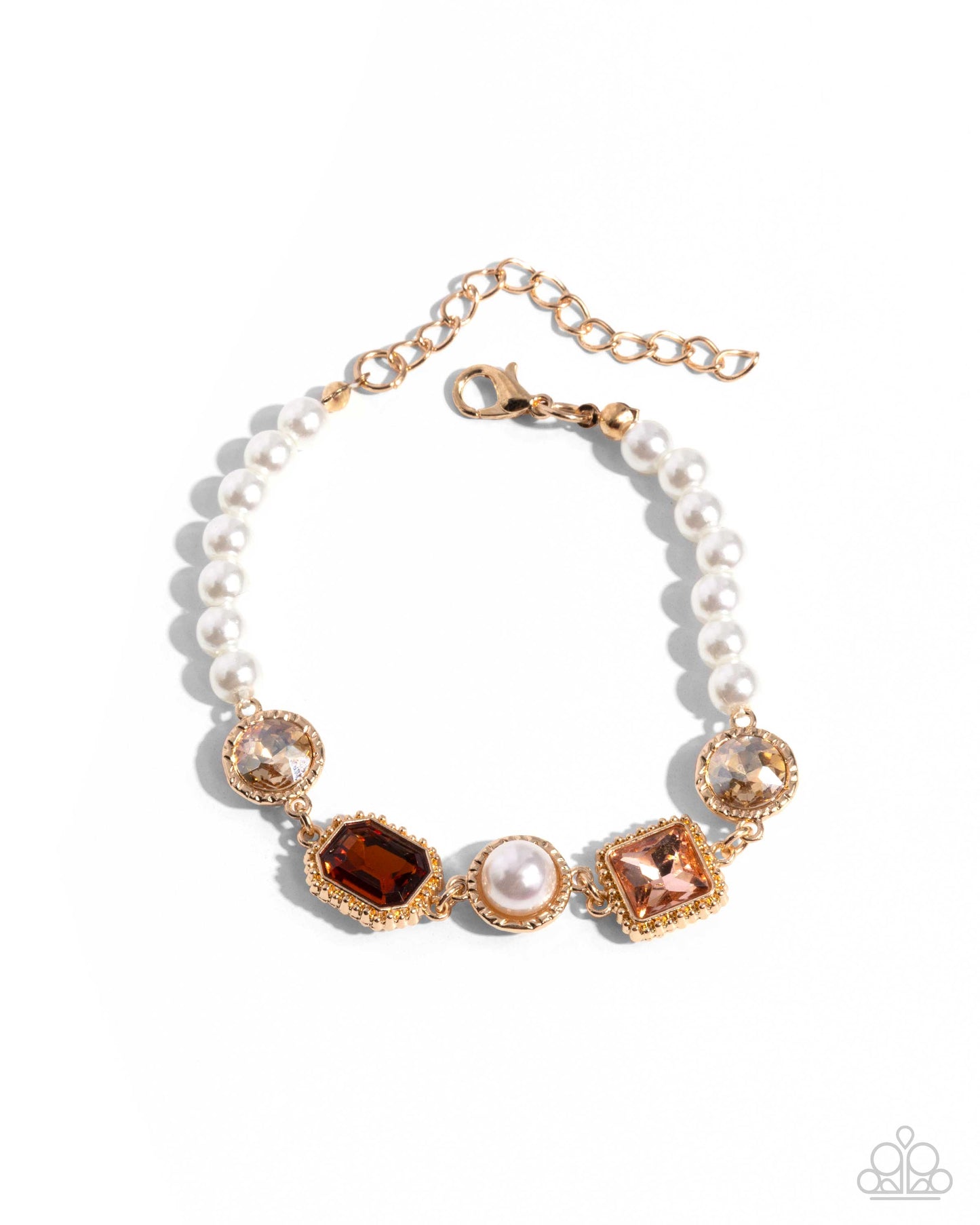 PERFECT MATCH / SET: Dumbfounding Decadence - Brown Peach Topaz, Gems Pearls Gold Short Necklace AND Dumbfounding Dazzle - Brown Peach Topaz, Gems Pearls, Gold Clasp Bracelet