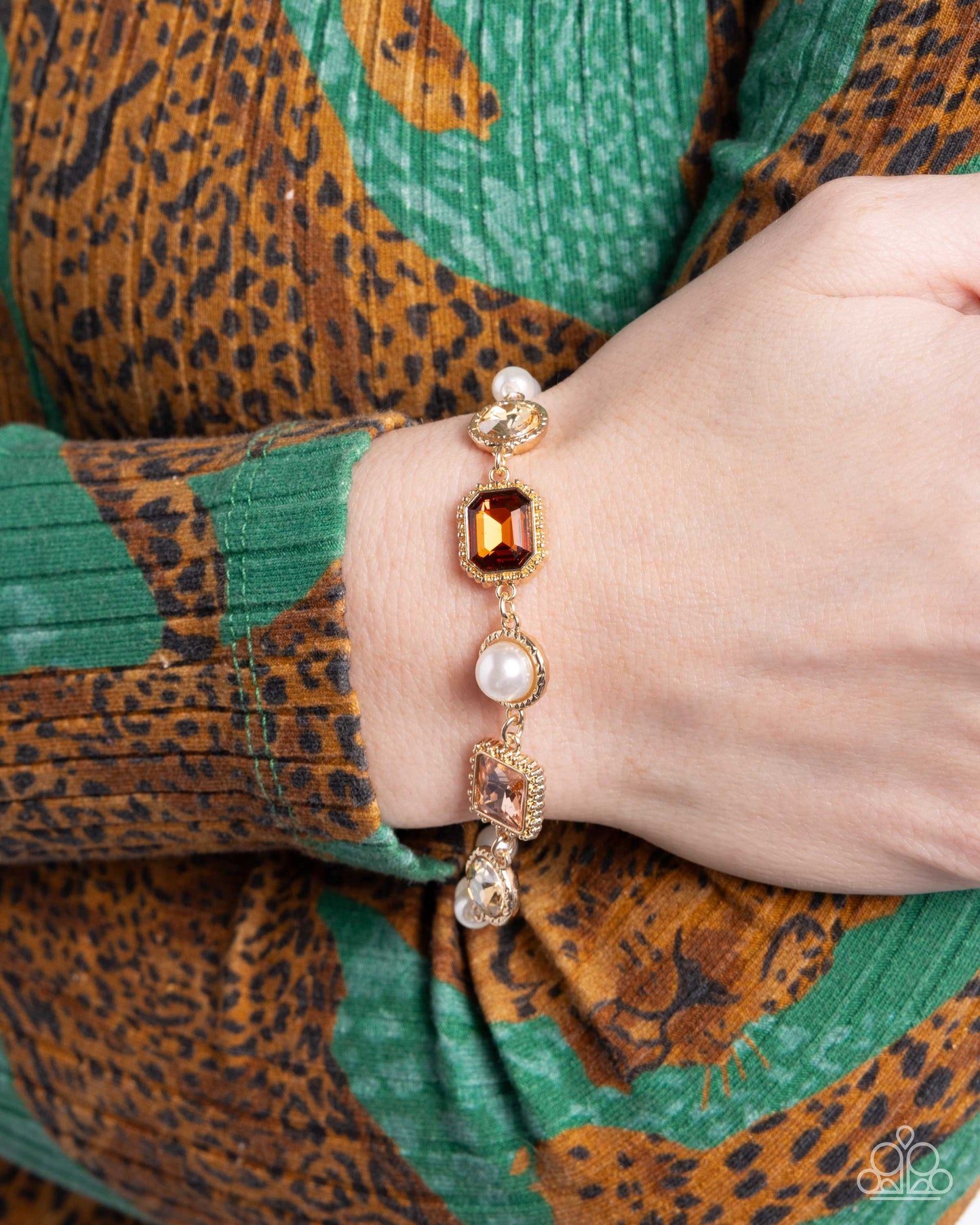 PERFECT MATCH / SET: Dumbfounding Decadence - Brown Peach Topaz, Gems Pearls Gold Short Necklace AND Dumbfounding Dazzle - Brown Peach Topaz, Gems Pearls, Gold Clasp Bracelet