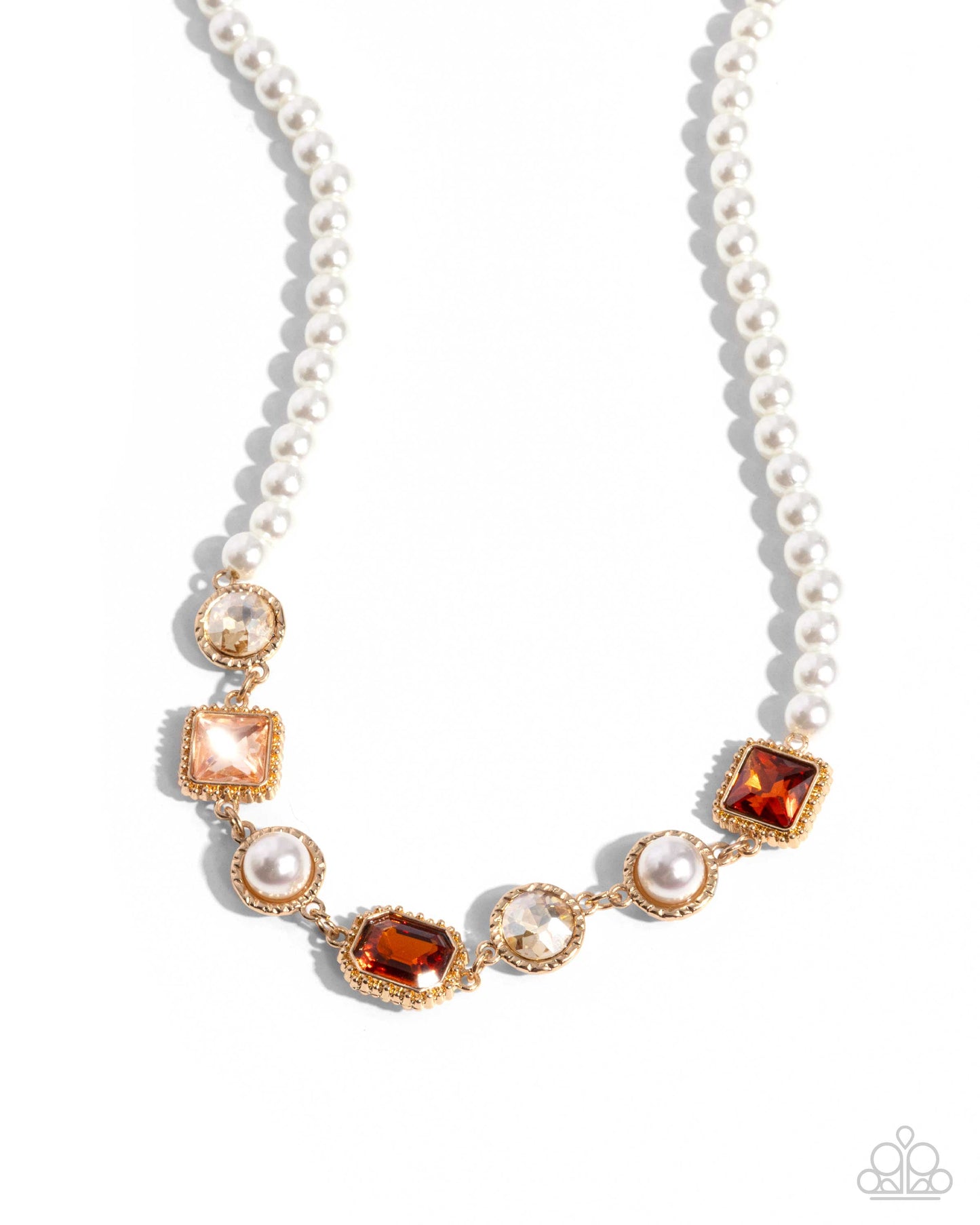 Dumbfounding Decadence - Brown Peach Topaz, Gems Pearls Gold Short Necklace