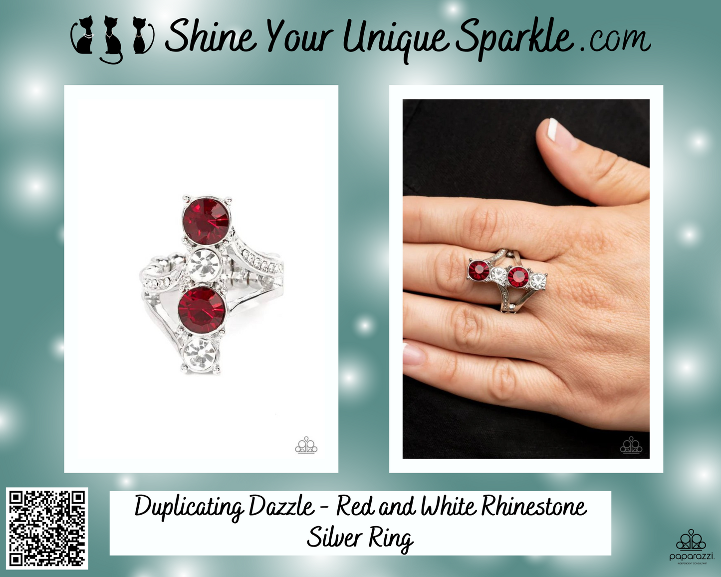 Duplicating Dazzle - Red and White Rhinestone Silver Ring
