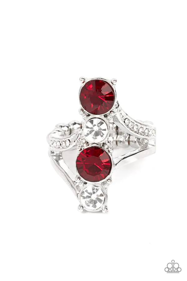 Duplicating Dazzle - Red and White Rhinestone Silver Ring