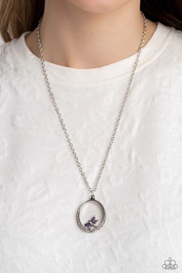 Dynamic Dragonfly - Purple Rhinestone Pendant Silver Short Necklace