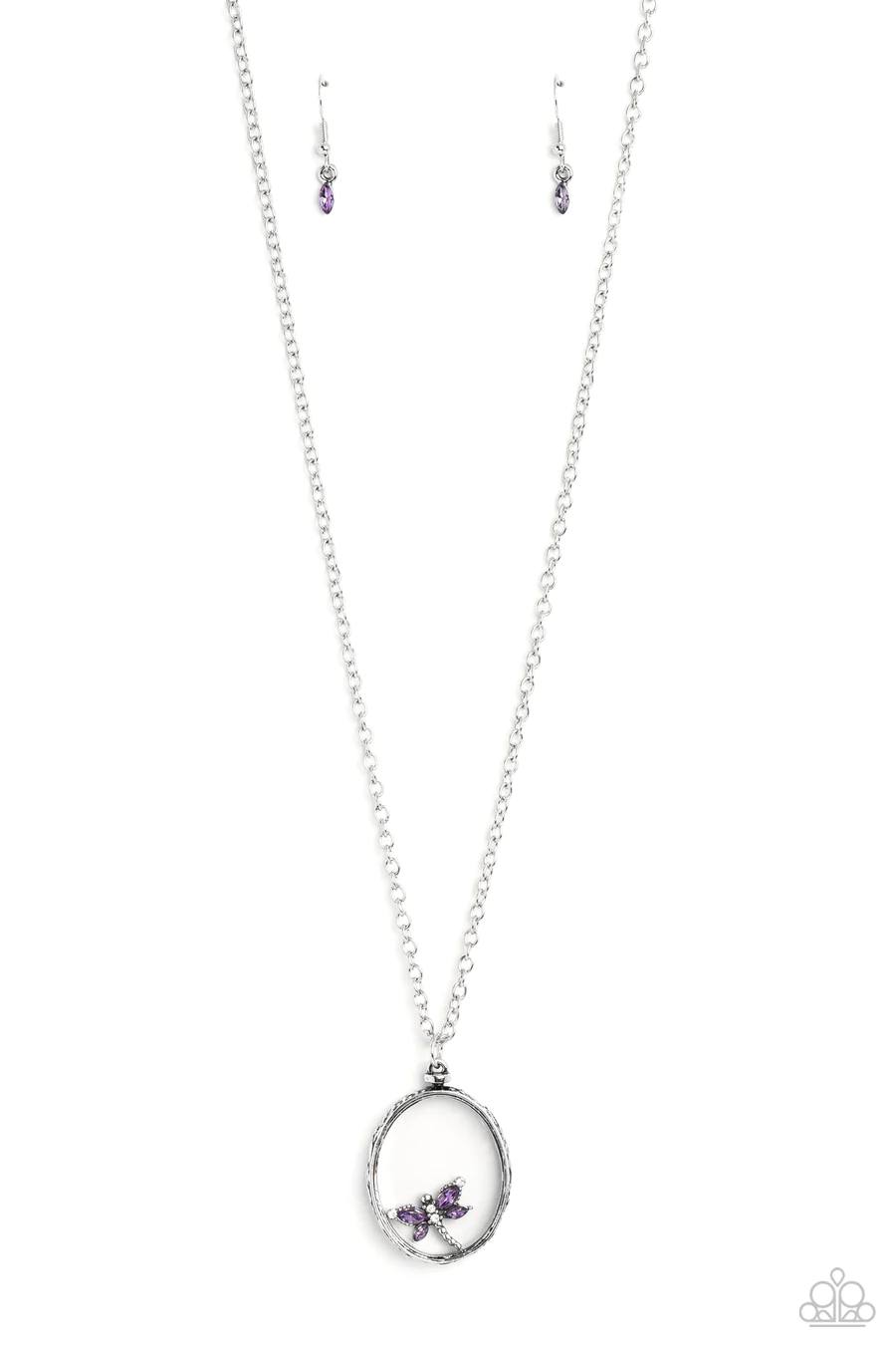 Dynamic Dragonfly - Purple Rhinestone Pendant Silver Short Necklace