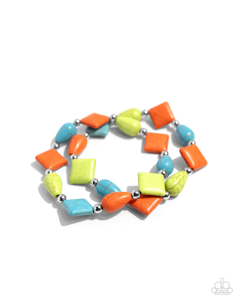 EARTHY Riser - Multi Color Orange, Turquoise, Lime Green Crackle Stone Silver Beads Stretchy Bracelet Set