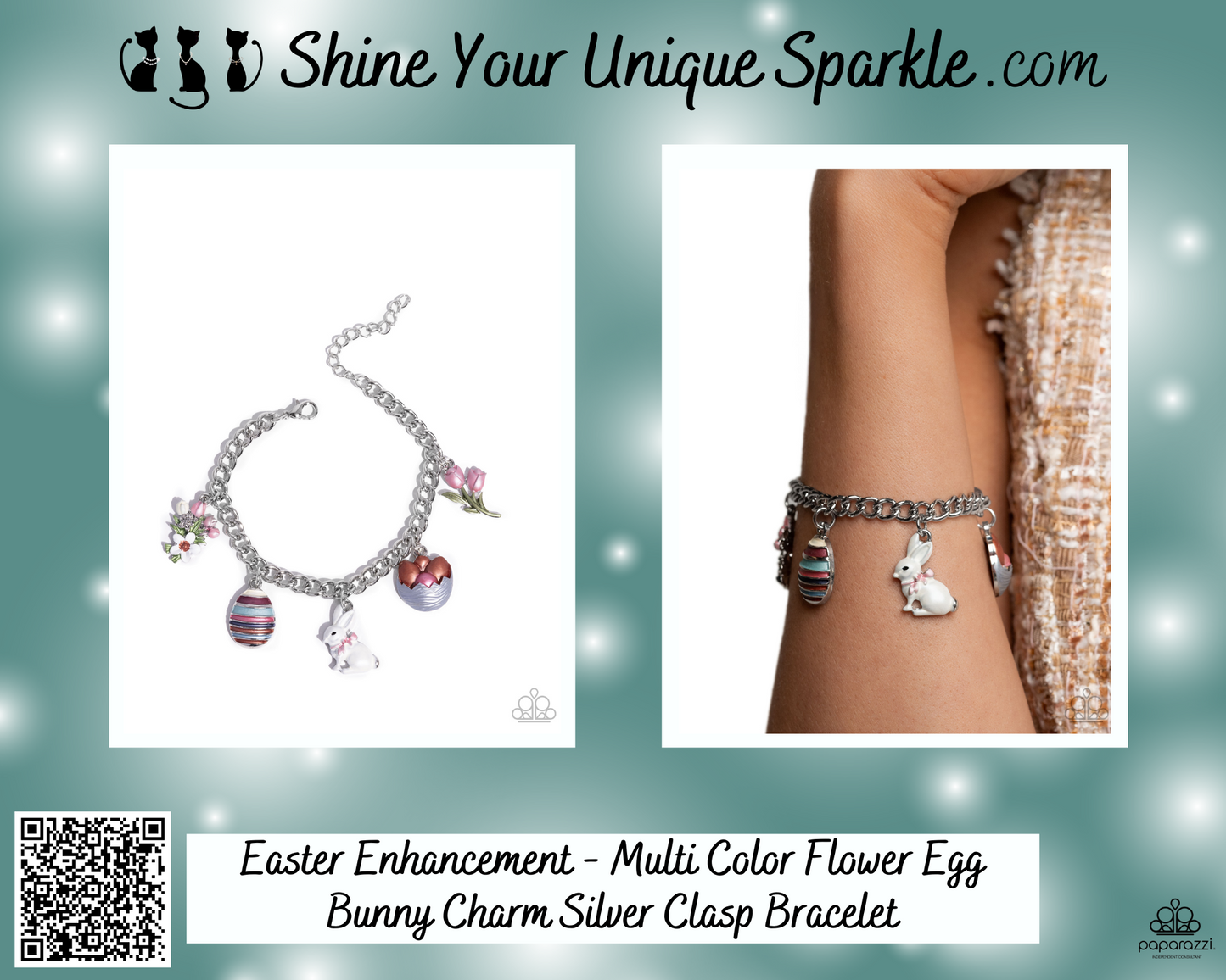 Easter Enhancement - Multi Color Flower Egg Bunny Charm Silver Clasp Bracelet