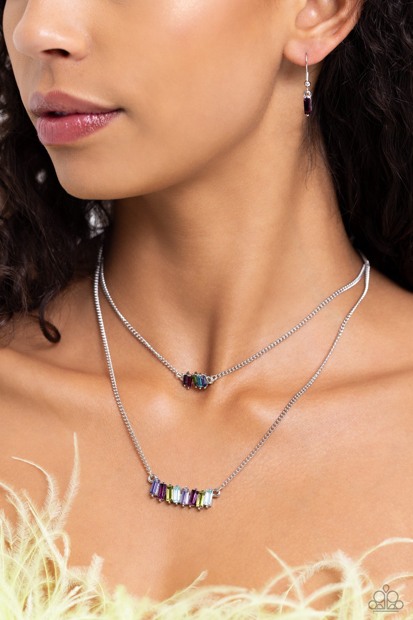 PERFECT MATCH / SET: Easygoing Emeralds - Multi Color Gem Silver Layered Short Necklace AND Emerald Ensemble - Multi Color Gem Silver Clasp Bracelet