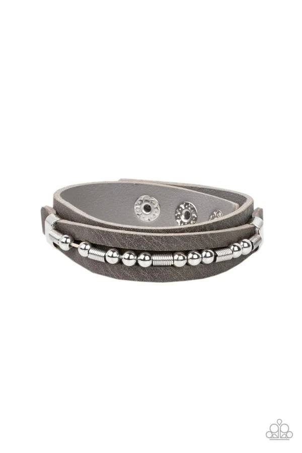 Easy on the Hardware - Silver Accent Gray Leather Wrap Bracelet