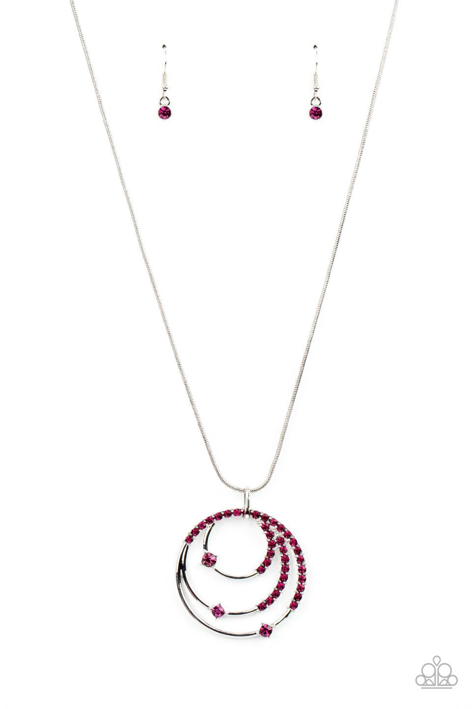 Ecliptic Elegance - Pink Rhinestone Silver Medium-Length Necklace