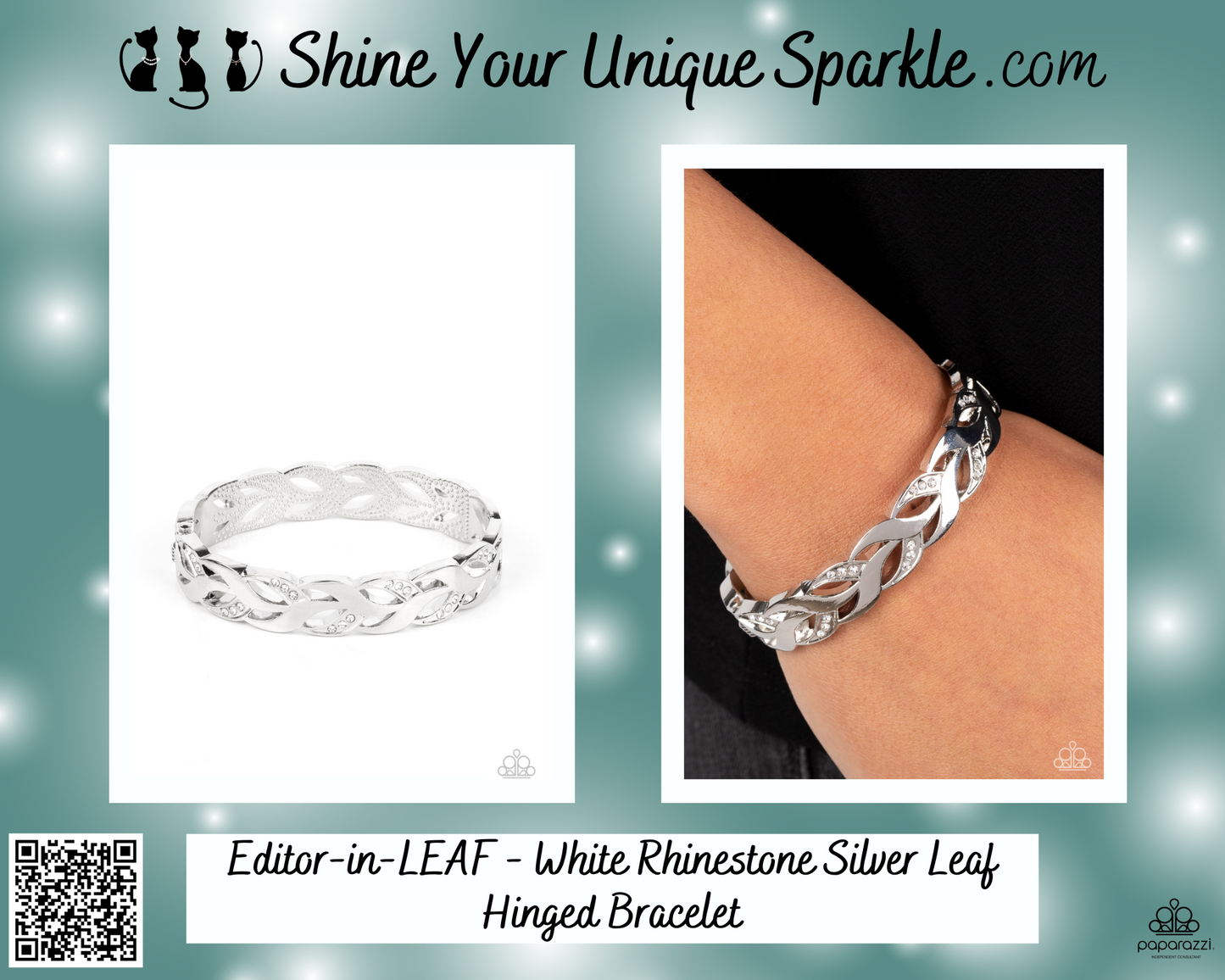 Editor-in-LEAF - White Rhinestone Silver Leaf Hinged Bracelet