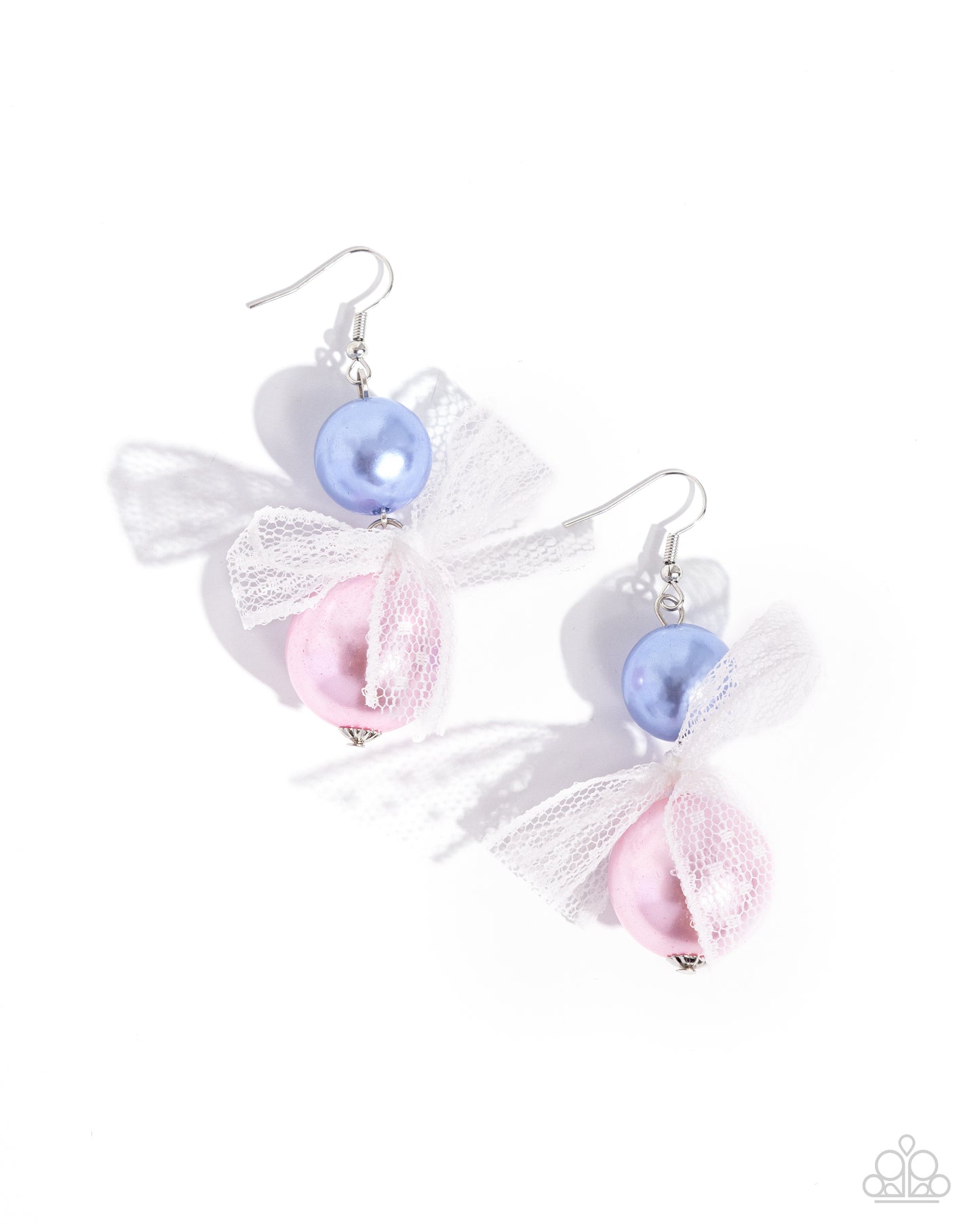 PERFECT MATCH / SET: Girly Glam - Multi Blue Pink Purple Pearl White Bow Stretchy Bracelet AND Elegance Ease - Multi Blue and Pink Pearl White Fabric Silver Fishhook Earrings