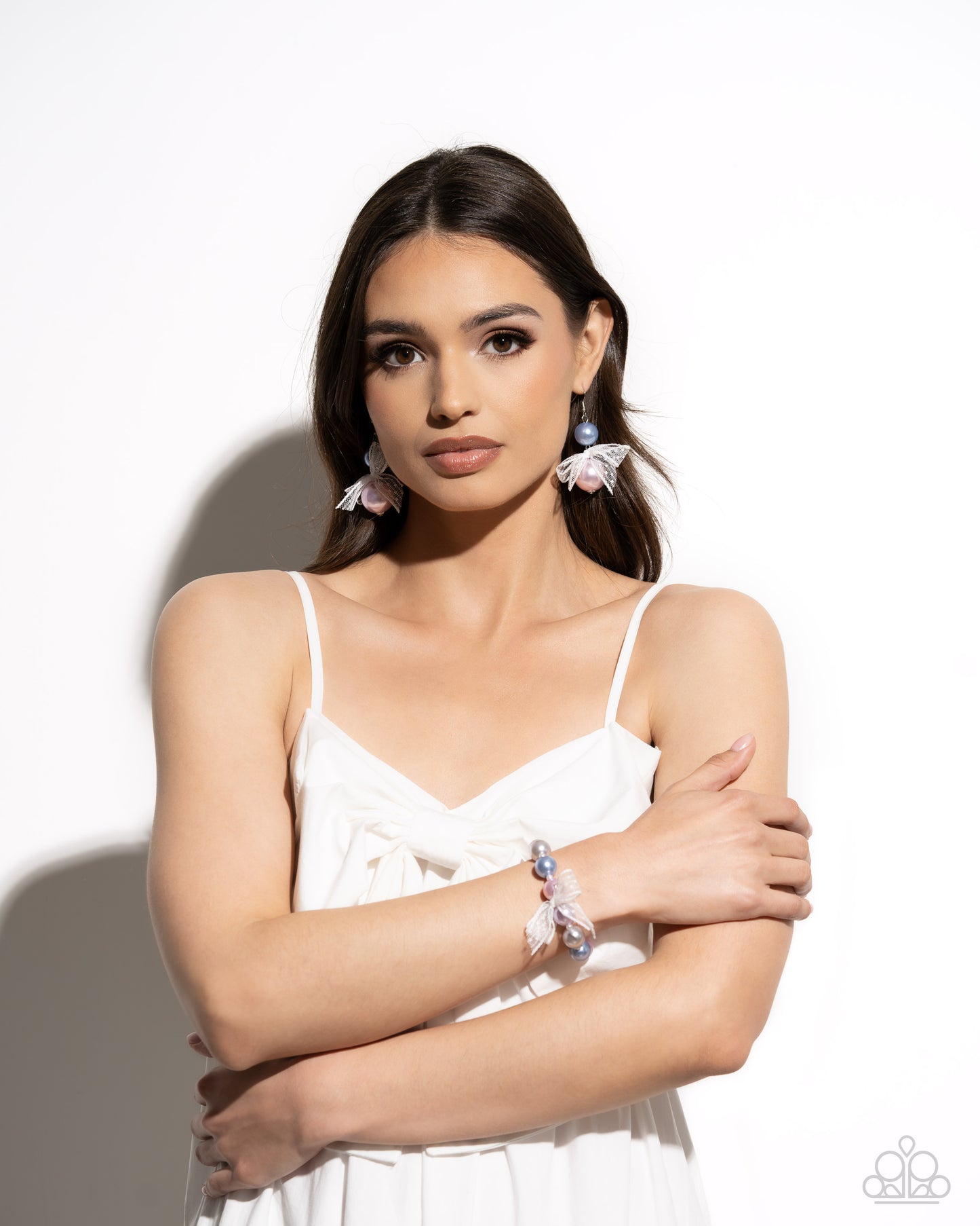PERFECT MATCH / SET: Girly Glam - Multi Blue Pink Purple Pearl White Bow Stretchy Bracelet AND Elegance Ease - Multi Blue and Pink Pearl White Fabric Silver Fishhook Earrings