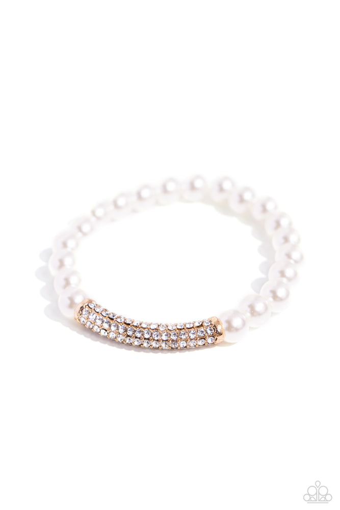 Elegance Embodied - Gold White Rhinestone Pearl Stretchy Bracelet