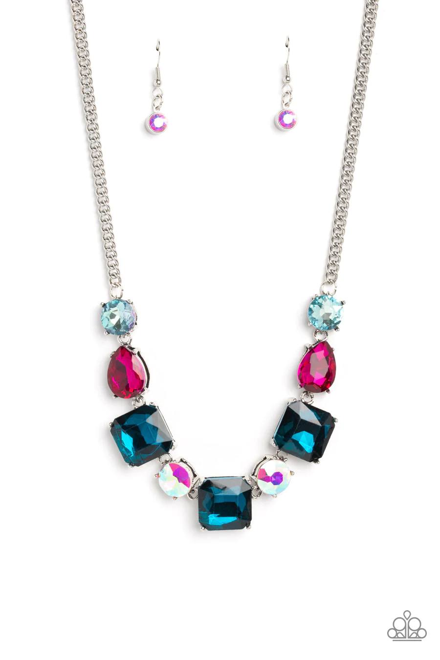 Elevated Edge - Multi Pink Blue Iridescent Gem Silver Short Necklace - Life of the Party, March 2023