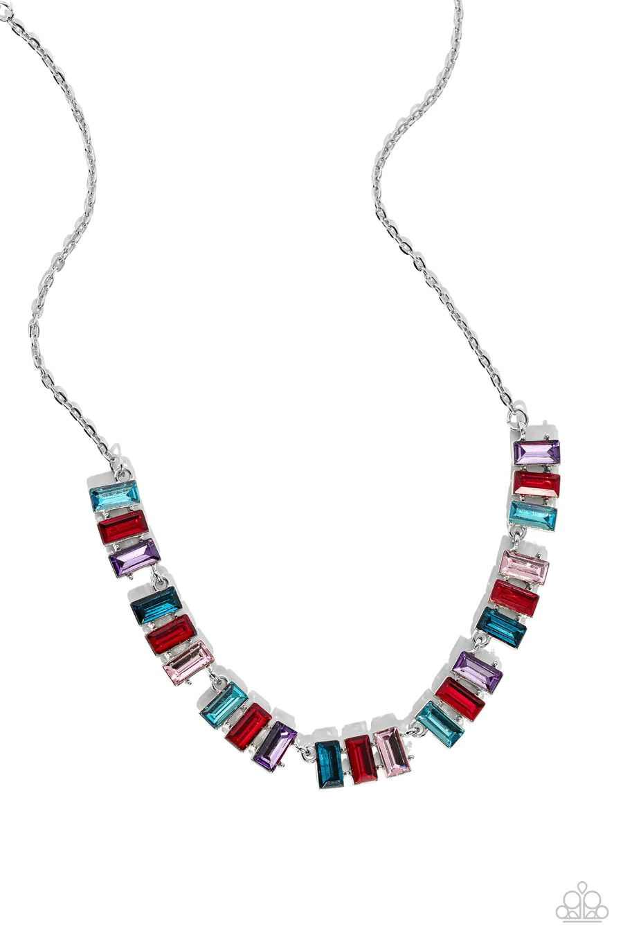 Elite Emeralds - Red Blue Purple Pink Gem Silver Short Necklace
