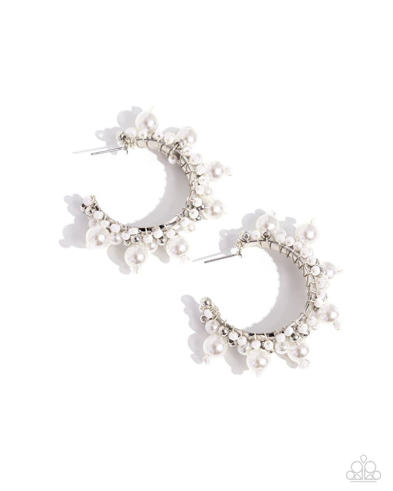 Elite Expense - White Pearls, Seeds Beads, Silver Beads Silver Hoop Post Earrings