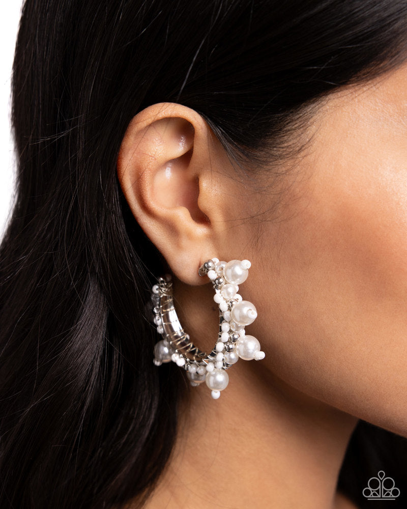 Elite Expense - White Pearls, Seeds Beads, Silver Beads Silver Hoop Post Earrings