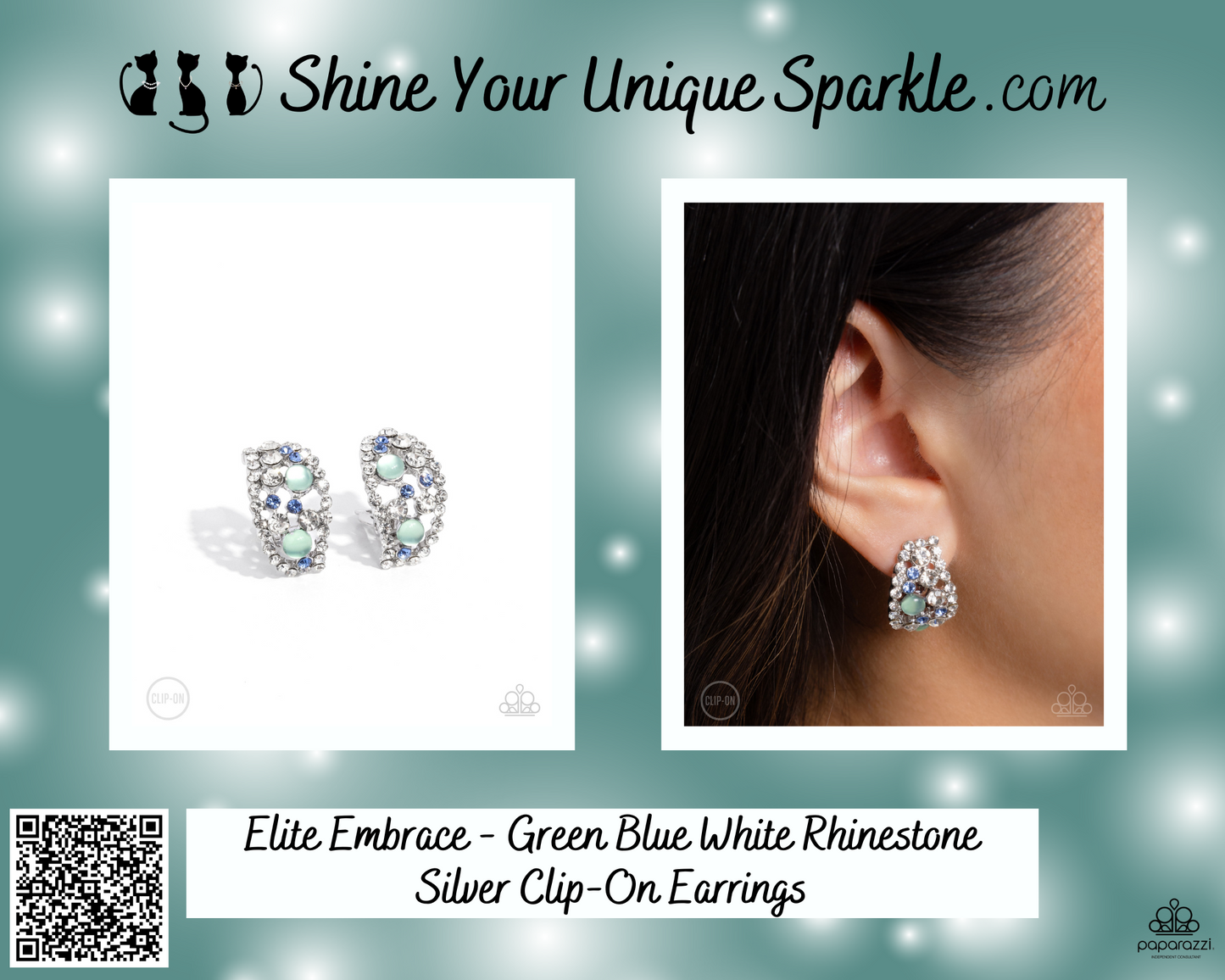 Elite Embrace - Green Blue White Rhinestone Silver Clip-On Earrings