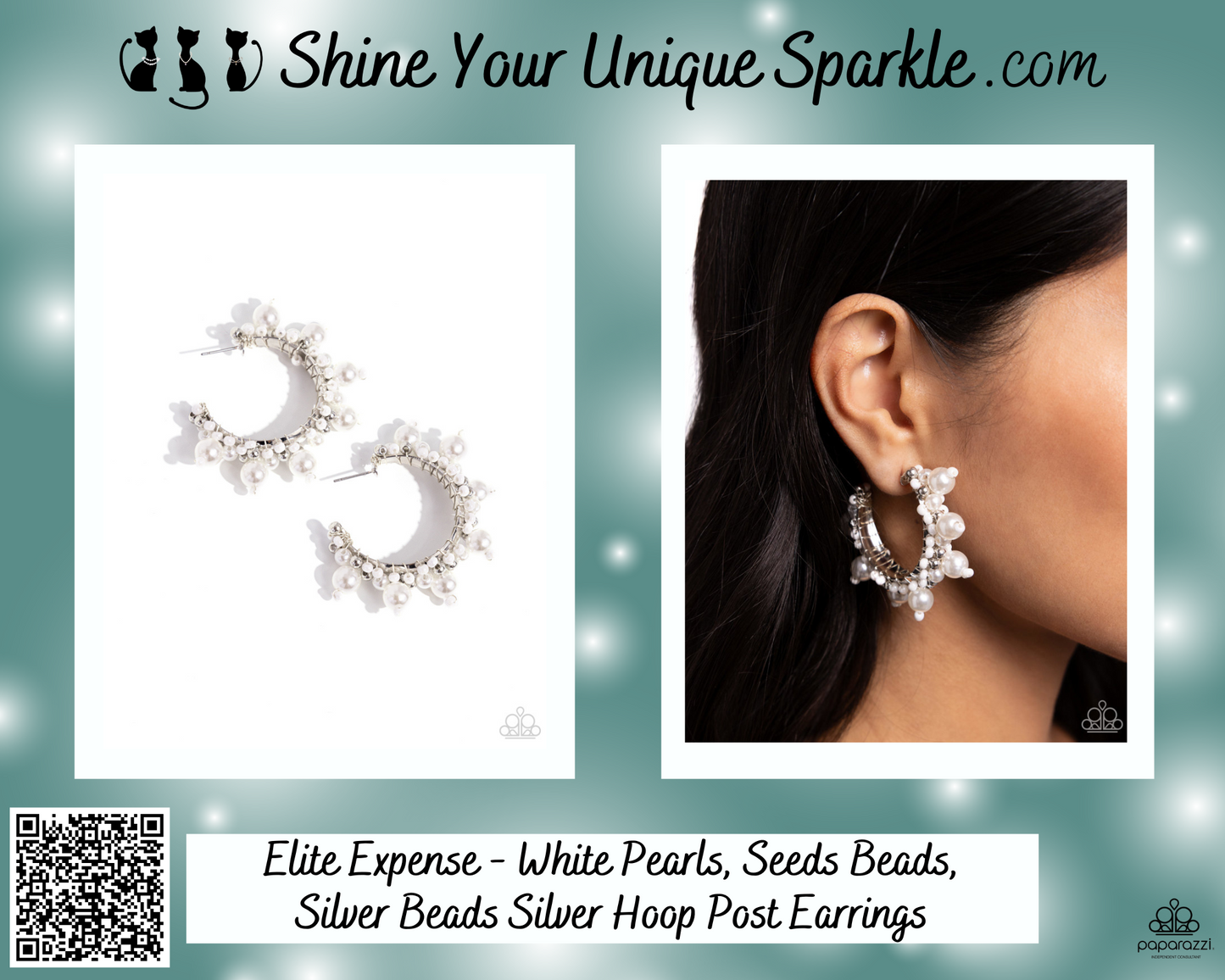 Elite Expense - White Pearls, Seeds Beads, Silver Beads Silver Hoop Post Earrings