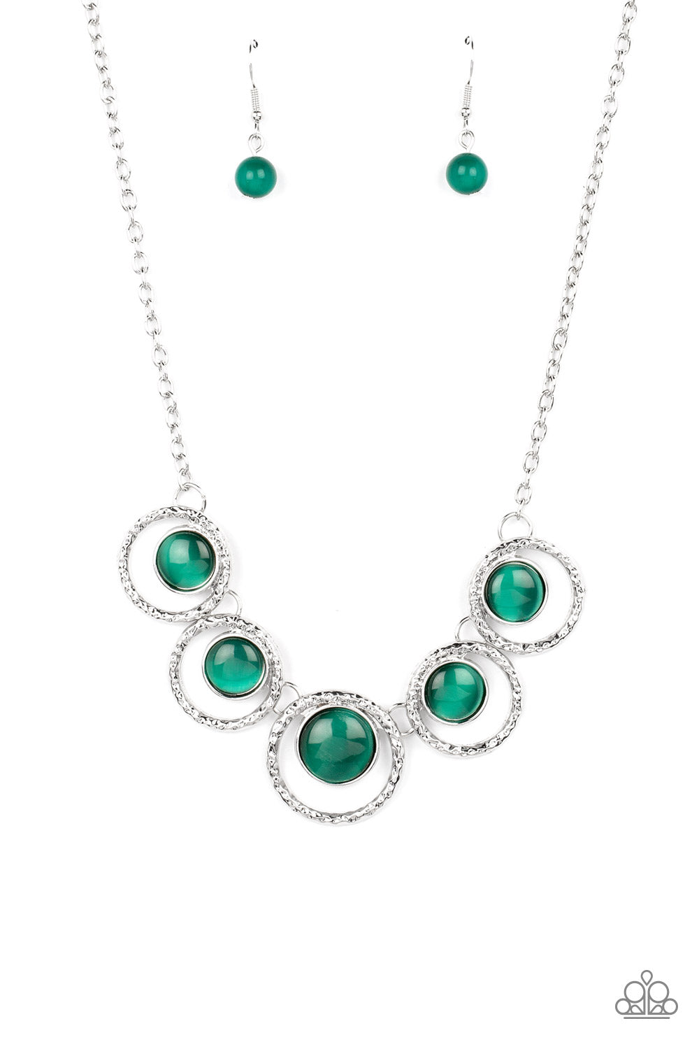 Elliptical Enchantment - Green Cat's Eye Silver Circle Short Necklace