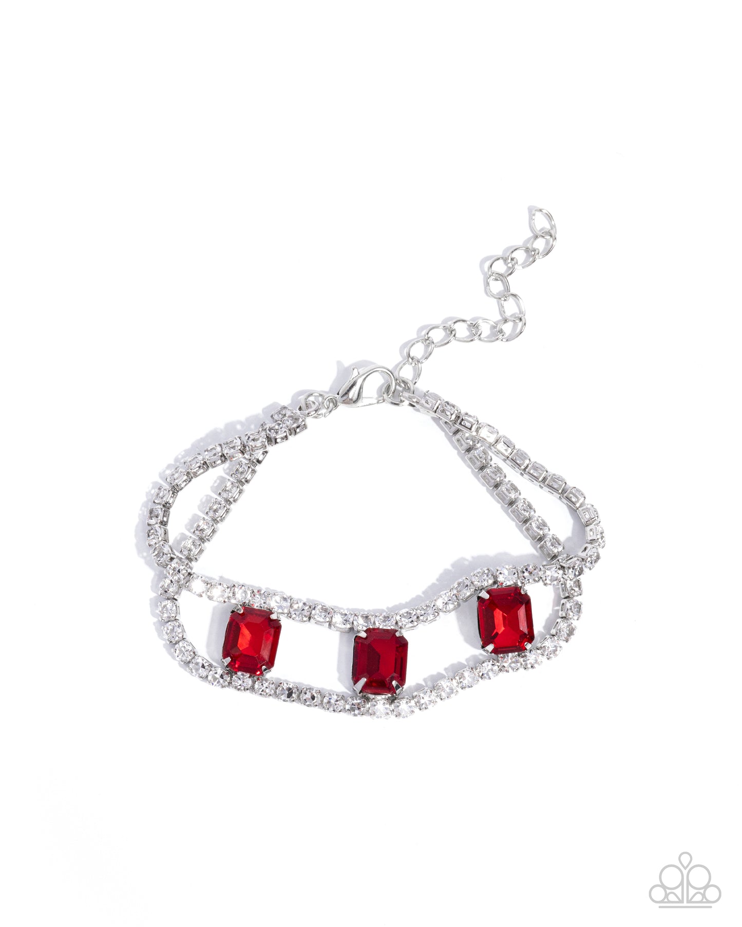 Embedded Elegance - Red Gem White Rhinestone Silver Clasp Bracelet