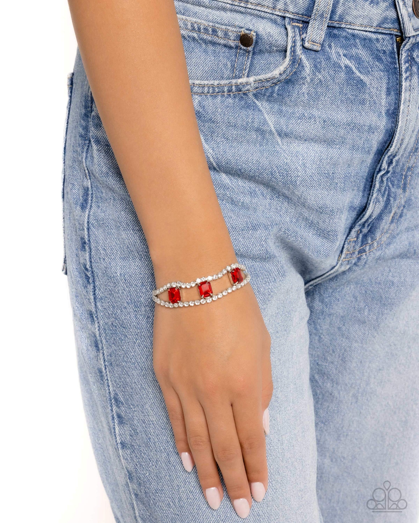 Embedded Elegance - Red Gem White Rhinestone Silver Clasp Bracelet