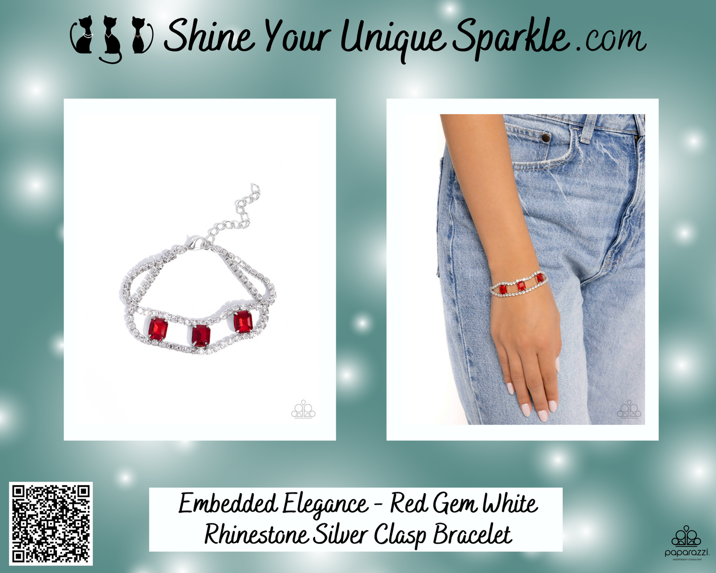 Embedded Elegance - Red Gem White Rhinestone Silver Clasp Bracelet