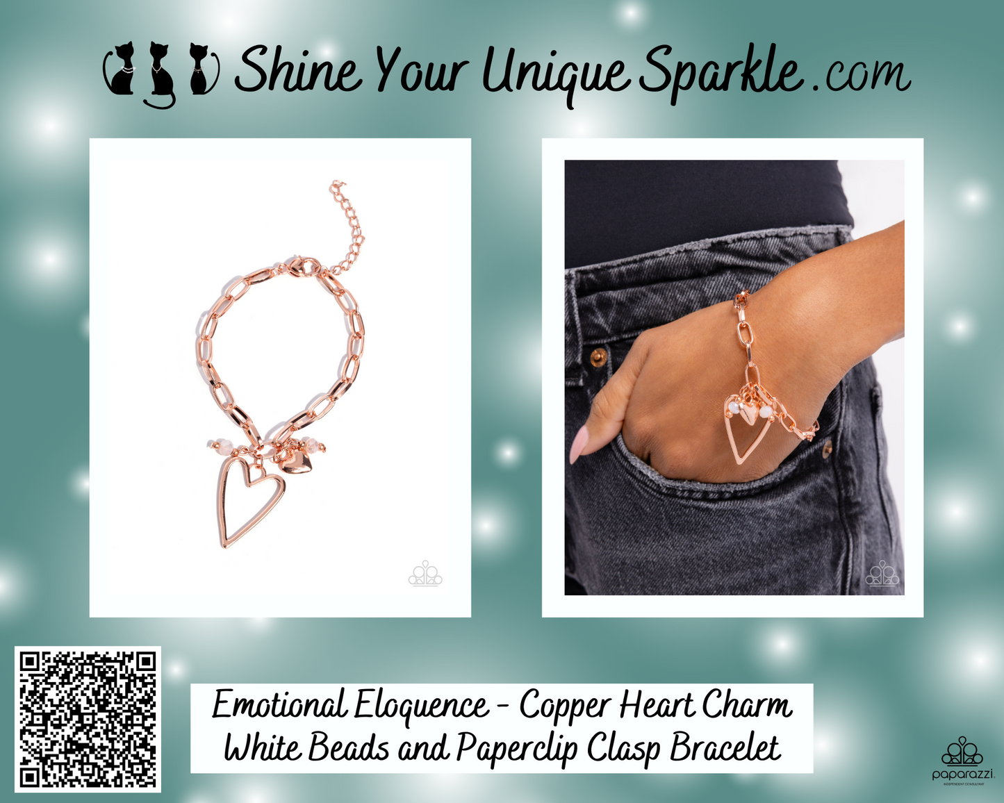 Emotional Eloquence - Copper Heart Charm White Beads and Paperclip Clasp Bracelet