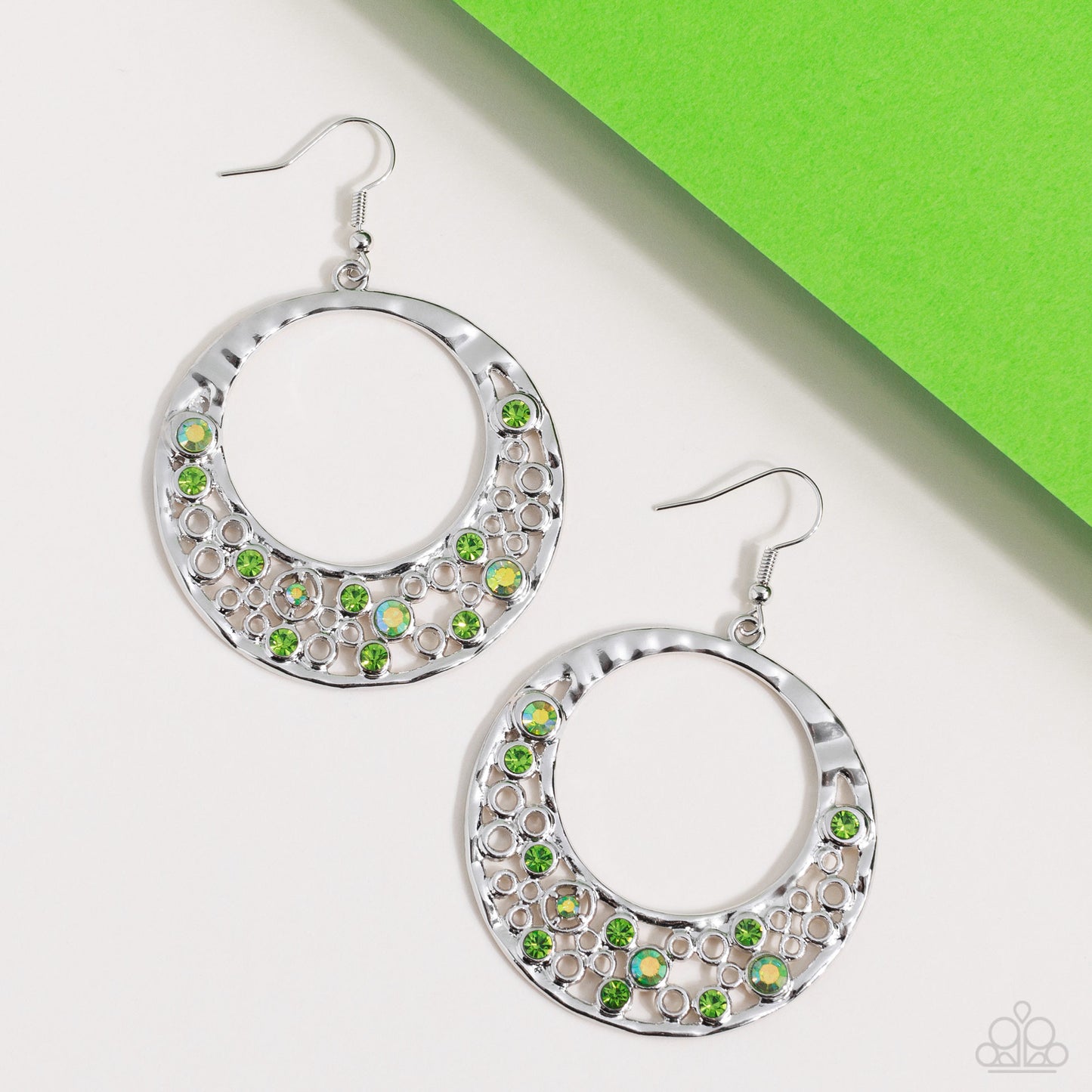 Enchanted Effervescence - Green Iridescent Rhinestone Silver Circle Fishhook Earrings