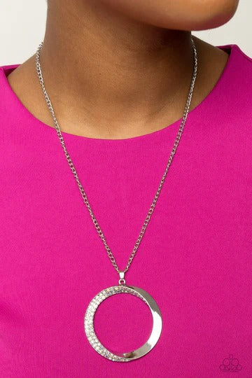 PERFECT MATCH / SET: Encrusted Elegance - Multi Rhinestone Circle Pendant Silver Medium Necklace AND Artistically Adorned - Rhinestone Silver Hinged Bracelet