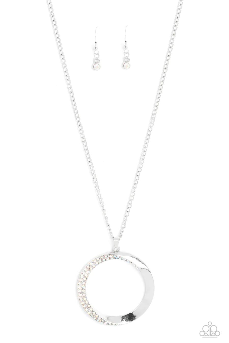 PERFECT MATCH / SET: Encrusted Elegance - Multi Rhinestone Circle Pendant Silver Medium Necklace AND Artistically Adorned - Rhinestone Silver Hinged Bracelet