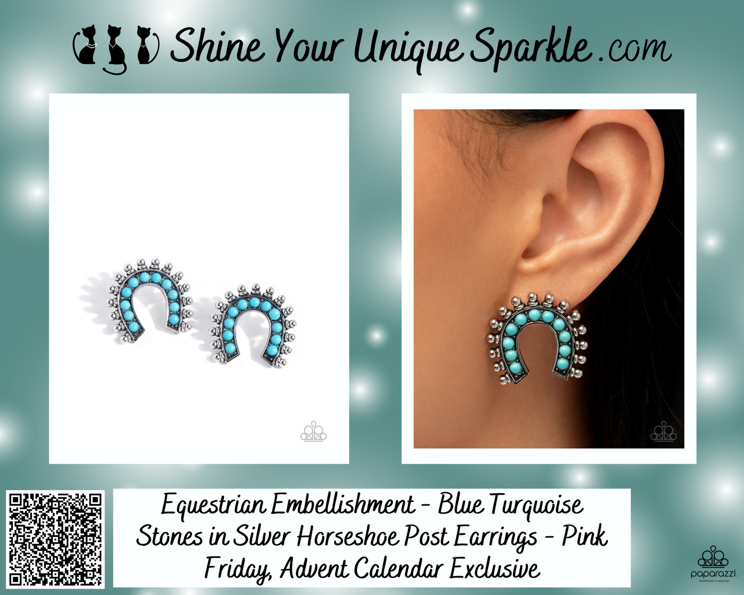 Equestrian Embellishment - Blue Turquoise Stones in Silver Horseshoe Post Earrings - Pink Friday, Advent Calendar Exclusive